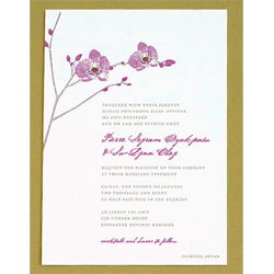Aubergine and Gravel Orchid Wedding Invitation Hello Lucky Wedding Invitation with purple orchid.