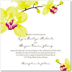 Margarita Artistic Orchid Invitation Wedding invitation featuring a vibrant green and aubergine colored orchid flower to the top left and bottom right corners.