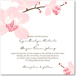 Pink Artistic Orchid Invitation Wedding invitation featuring a soft pink colored orchid flower to the top left and bottom right corners.
