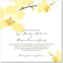 Puff Orchid Invitation Wedding invitation featuring a soft cream colored orchid flowers to the top left and bottom right corners.