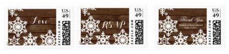 Winter barn wedding postage stamps.