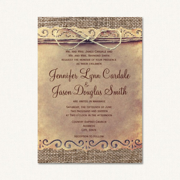 Burlap rustic wedding invitations with burlap background, vintage paper and twine.