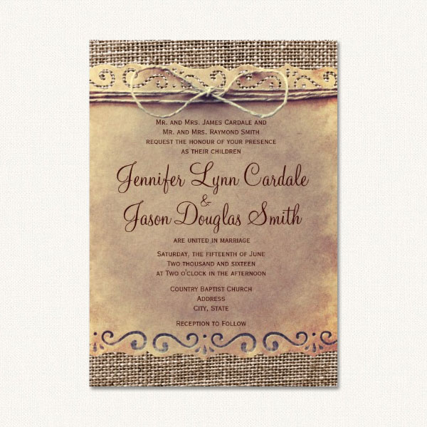 Burlap rustic wedding invitations with burlap background, vintage paper and twine.