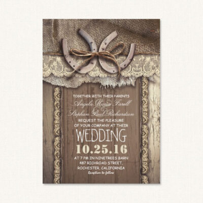 Country themed wedding invites with horseshoes, barn wood, burlap and lace.