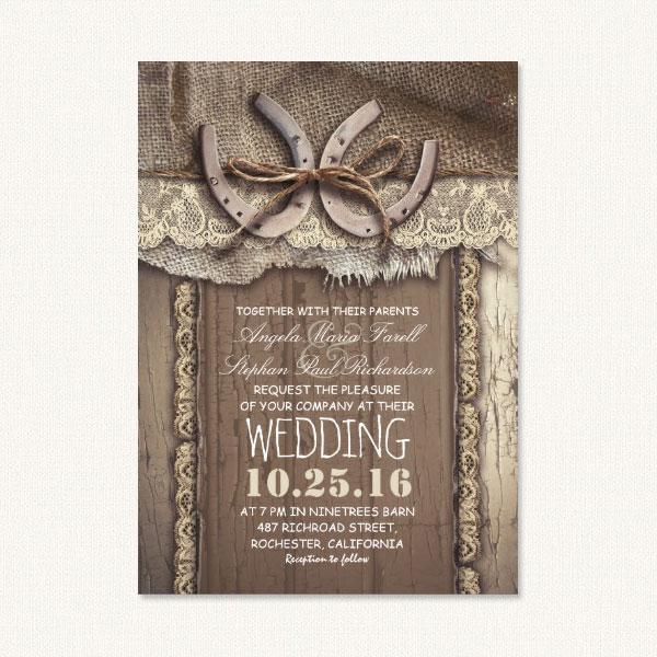 Country themed wedding invites with horseshoes, barn wood, burlap and lace.