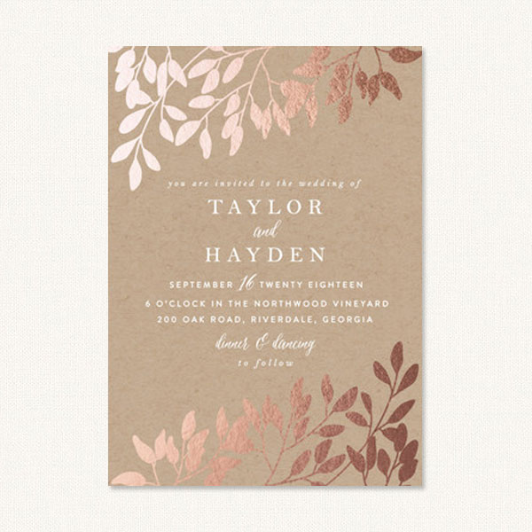 Elegant fall wedding invitations with kraft background and foil pressed leaves.