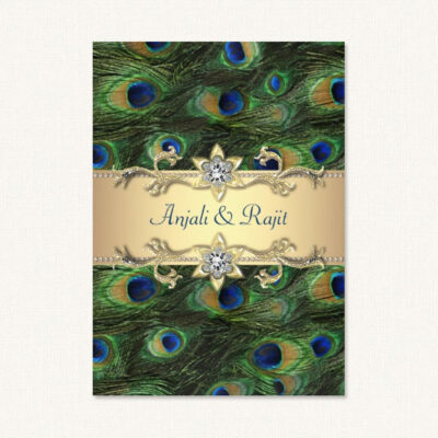 Elegant peacock wedding invitations with gold tones and peacock feathers.