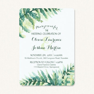 Fern green wedding invitations with green fern frond leaves.