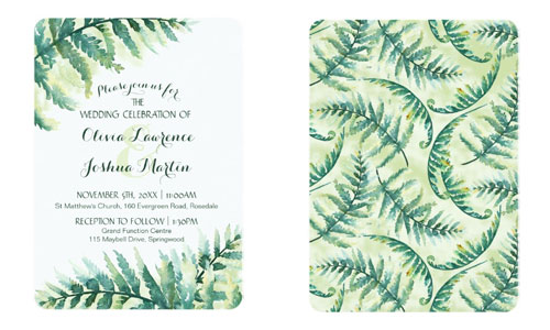 Fern green wedding invitations front and back view with green fern pattern.