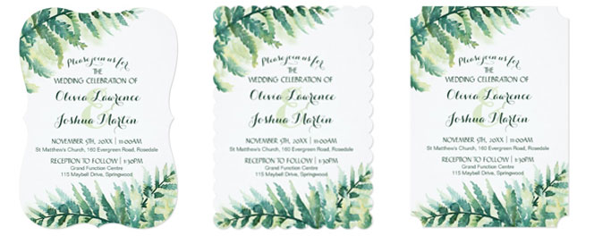 Fern green wedding invitations trim options.