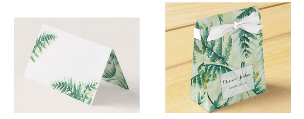 Fern green weddding place cards and favor boxes.