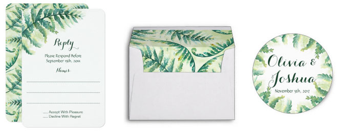 Fern green wedding reply card, envelope and sticker.