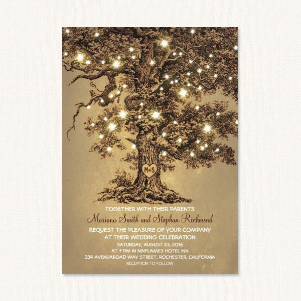 Rustic oak tree wedding invitations with vintage oak tree, string lights and personalized monogram heart tree carving.