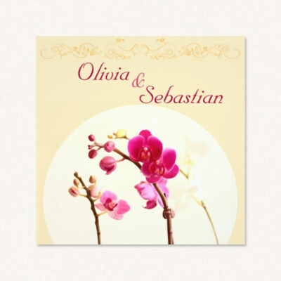 Orchid wedding invite with pink orchids on a geometrical design background.