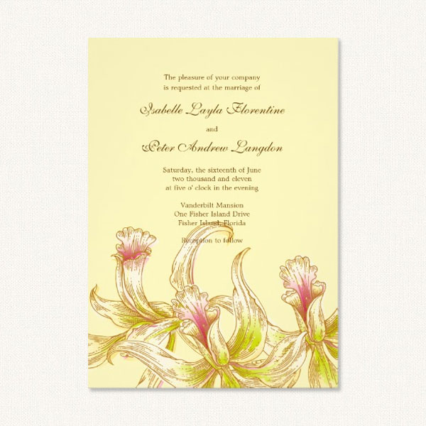 Orchid wedding invites with pretty green and pink watercolor style orchid design.