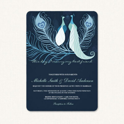 Peacock design wedding invitations with a pair of peacocks and peacock feathers.
