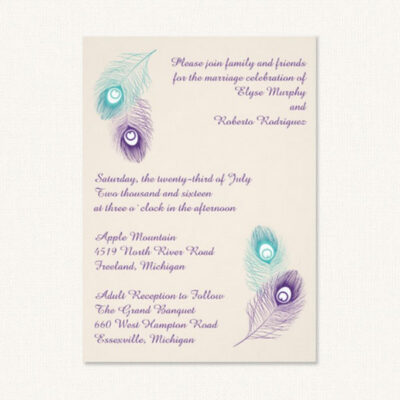 Peacock wedding invitation with aqua and purple peacock feathers.