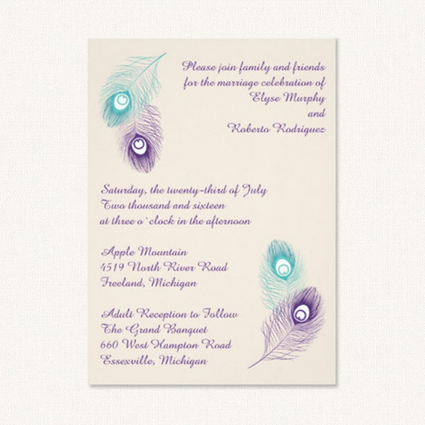 Peacock wedding invitation with aqua and purple peacock feathers.