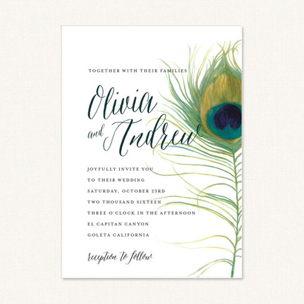 Peacock wedding invite with large peacock feather and typography on white background.