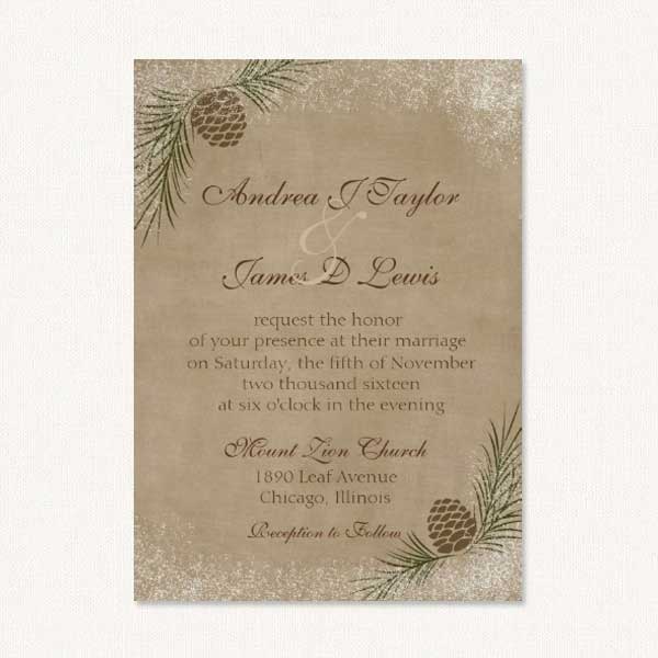 Pine cone wedding invites winter themed with snow, and pine cones, and rustic background.