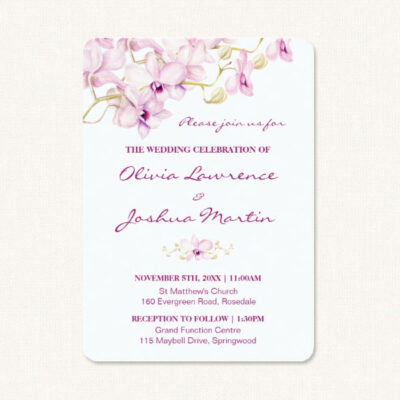 Purple orchid wedding invitations with watercolor purple orchid design.
