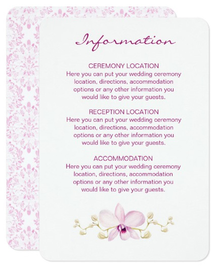 Purple Orchid Wedding Information Cards with watercolor design.