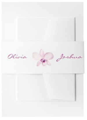 Purple orchid wedding invitation belly bands with watercolor orchid.