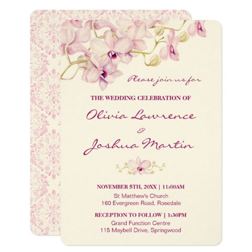 Purple orchid wedding invitations printed on ecru paper stock.