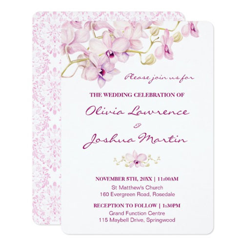 Front and back view of purple orchid wedding invitations.