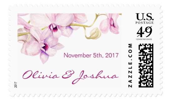 Purple orchid wedding stamps with orchid design and personalization options.
