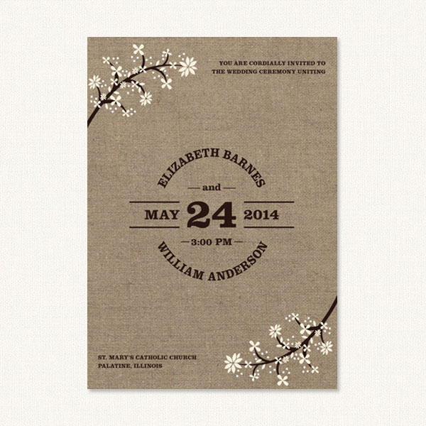 Rustic burlap wedding invitations with flowers and burlap background.