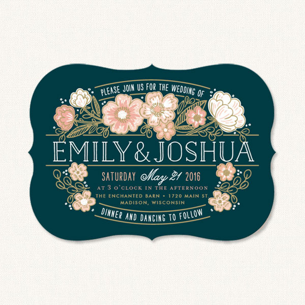 Rustic country wedding invitation with country flowers and decorative typography.