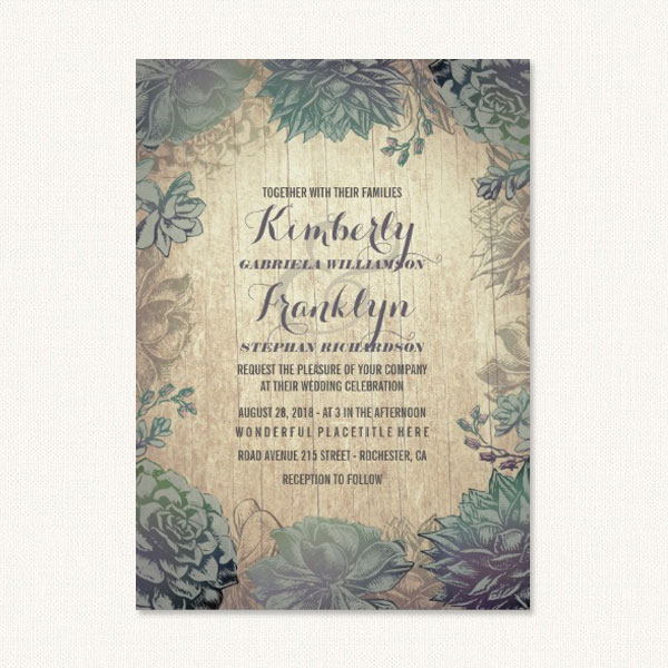 Succulent wedding invites with succulents and vintage woodgrain background.