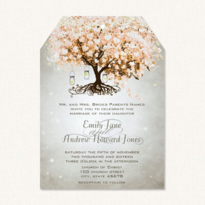 Tree hearts wedding invitations with pink heart leaves and mason jars.