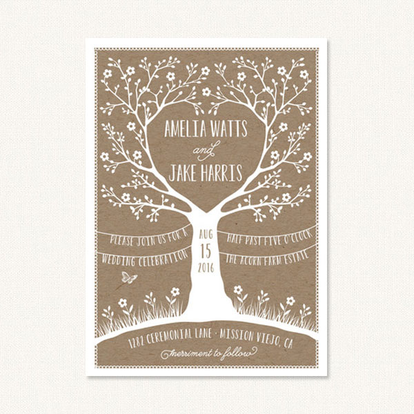 Tree wedding invitation featuring a tree with branches in the shape of a heart.