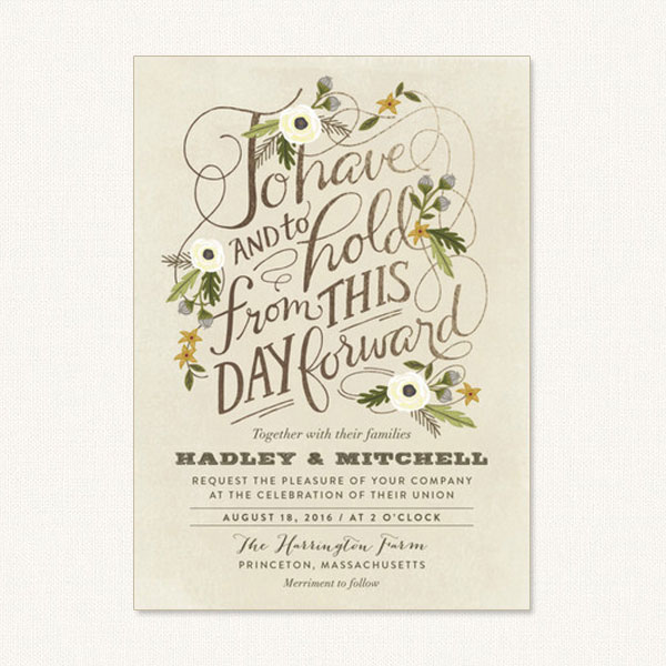 Vintage garden wedding invitations with flowers and elaborate script typography.