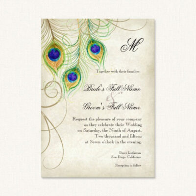 Vintage peacock wedding invitations with watercolor feathers.