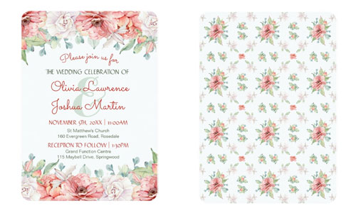 Watercolor flower wedding invitations front and back views.