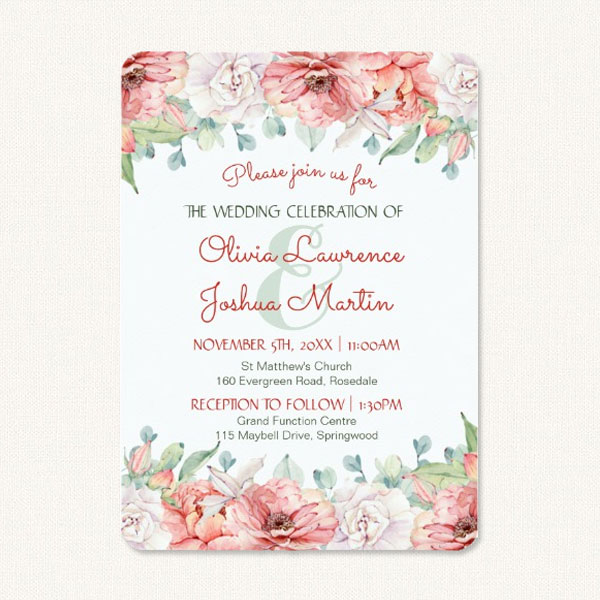 Watercolor flower wedding invitations with beautiful watercolored flowers.