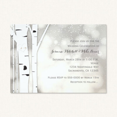 White birch tree wedding invitations with monogram, birch trees and snow.