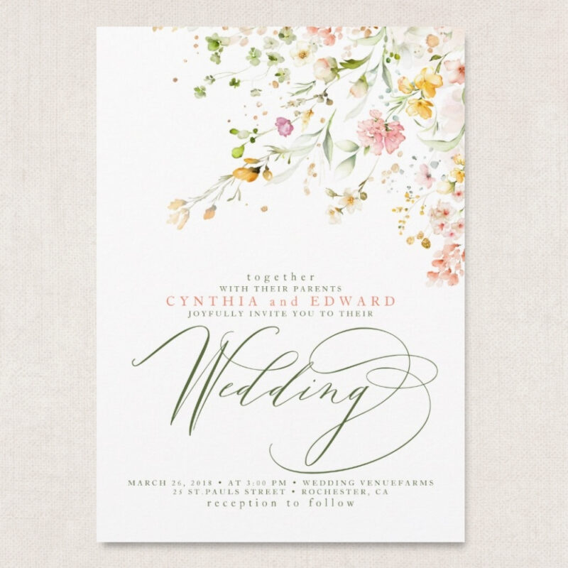wildflower wedding invitation with pastel meadow flowers