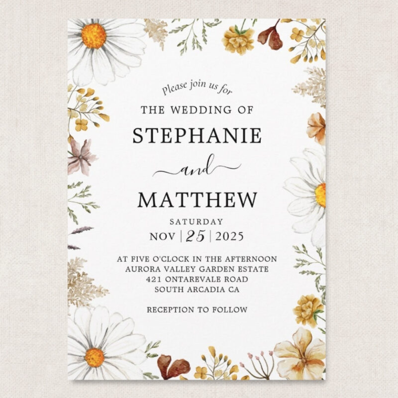 watercolor wildflower wedding invitation with daisies and botanical meadow flowers
