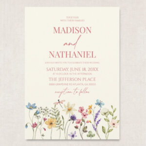 wildflower garden wedding invitation with soft botanical floral bottom border