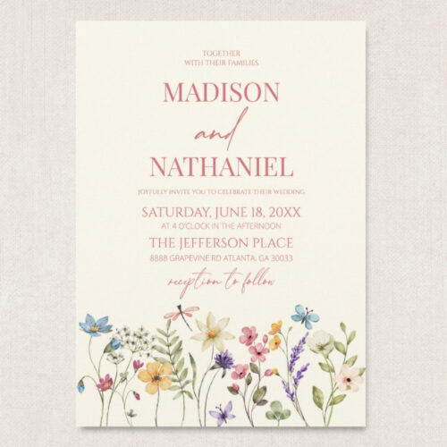 wildflower garden wedding invitation with soft botanical floral bottom border
