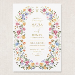 colorful wildflower wreath wedding invitation with watercolor meadow flowers