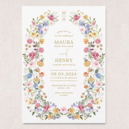 colorful wildflower wreath wedding invitation with watercolor meadow flowers