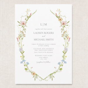 vintage wildflower monogram wedding invitation with pastel floral wreath