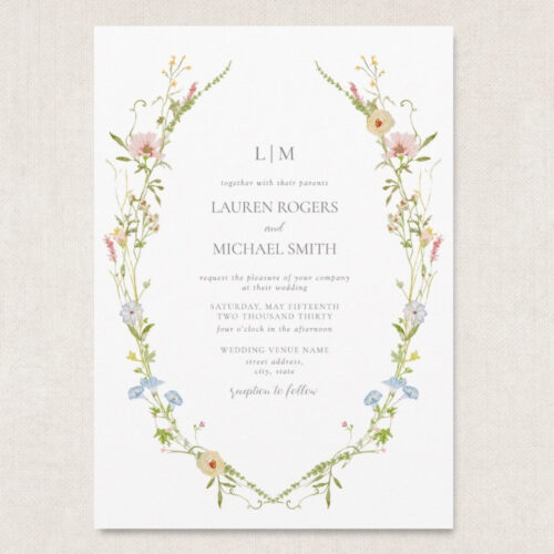 vintage wildflower monogram wedding invitation with pastel floral wreath