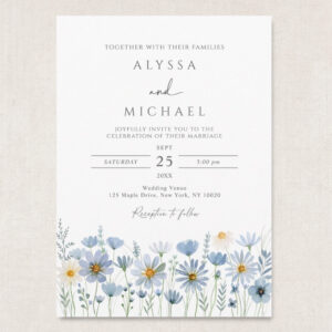 dusty blue wildflower wedding invitation with botanical watercolor flowers