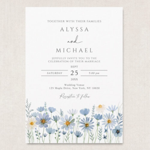 dusty blue wildflower wedding invitation with botanical watercolor flowers